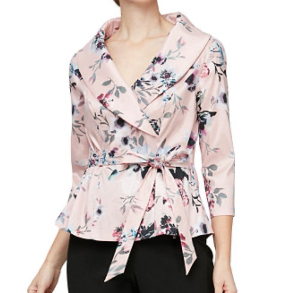 Alex Evenings Pastel Floral Wrap Blouse XL Tie Waist Belted Top